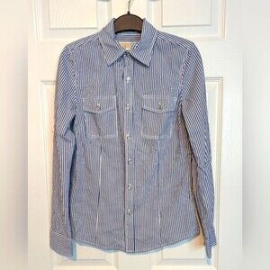Michael Kors Women's (Size 0) Blue & White Striped Button-Down Blouse